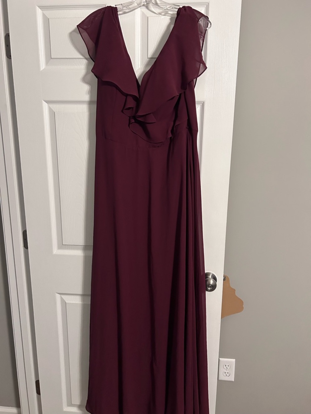 Mori Lee Burgundy Ruffle V-Neck Maxi Dress